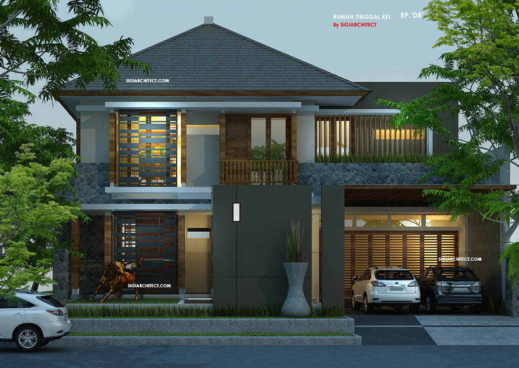 Desain Rumah Pojok Tropis 2 Lantai Kolam Renang Type 600 M2