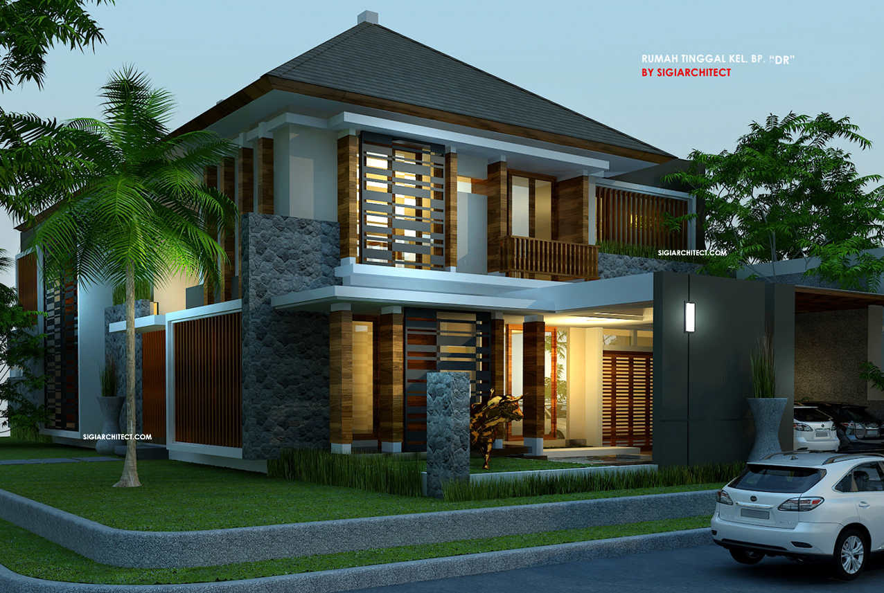 DESAIN RUMAH POJOK TROPIS MODERN-VIEW SUDUT DEPAN