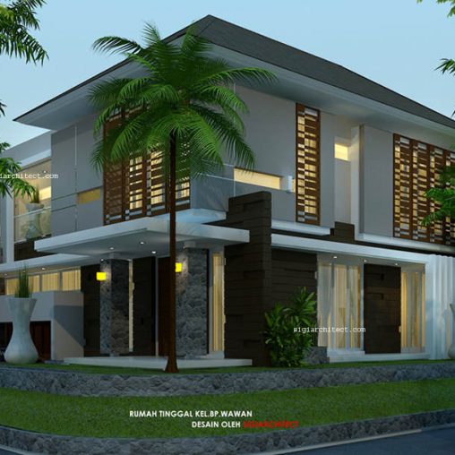 Desain Rumah Pojok Semybasement Modern Tropis 2 Lantai