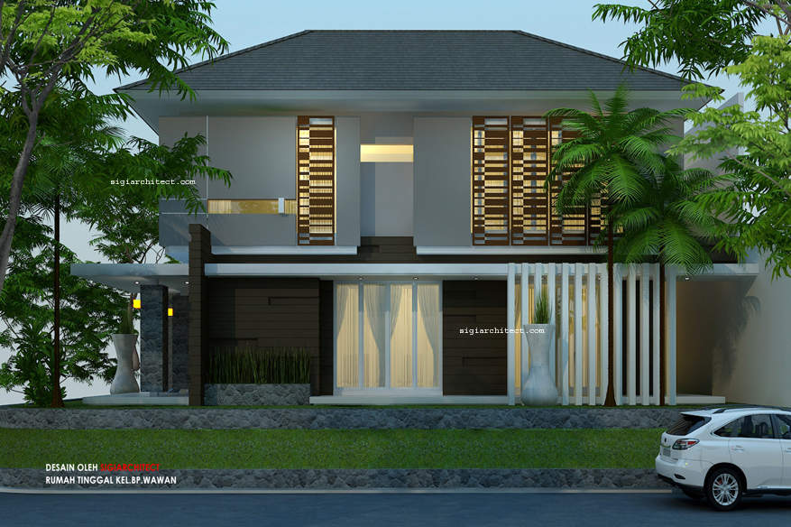 Desain Rumah Pojok Semy Basement Modern Tropis 2 lantai