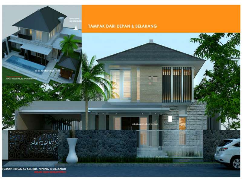 Desain Villa 2 Lantai_Kolam Renang&Gazebo Aksen Batu Alam
