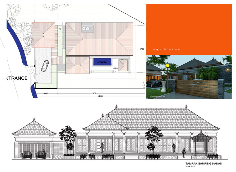 desain villa 1 lantai & kolam renang atap