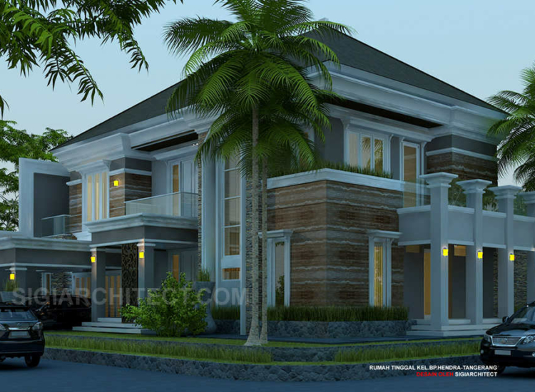 Desain Rumah Kolam Renang Kavling Hook 2 Lantai, Klasik Modern
