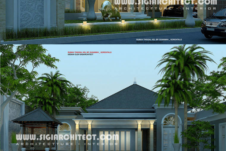 Desain villa klasik modern & Kolam Renang, Fasad Rumah Tropis 1 Lantai