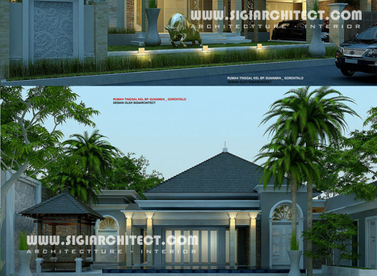 Desain villa klasik modern & Kolam Renang, Fasad Rumah Tropis 1 Lantai