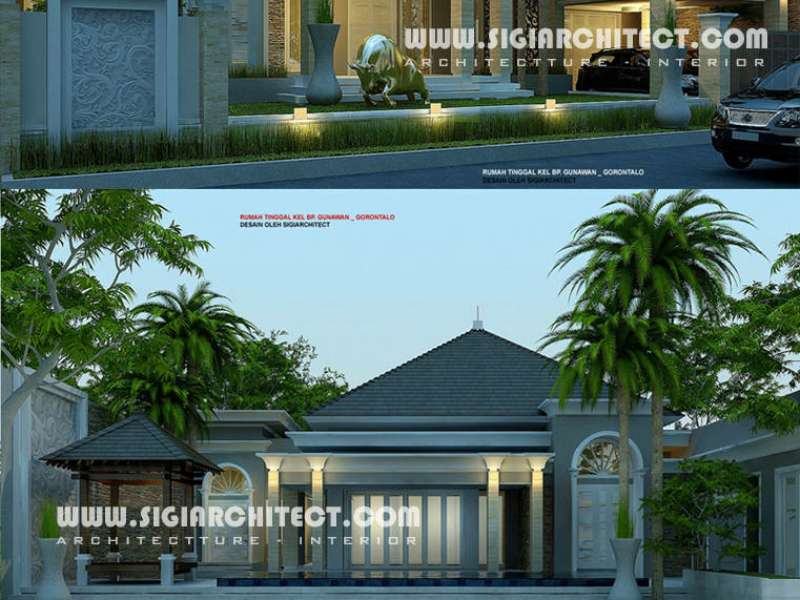 Desain villa klasik modern & Kolam Renang, Fasad Rumah Tropis 1 Lantai