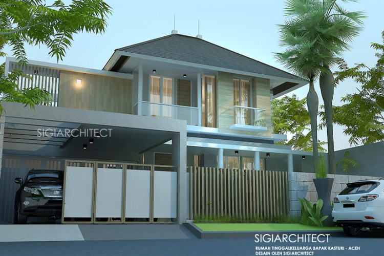 RUMAH MINIMALIS TYPE  250 M2 2 lantai, desain fasad tropis modern