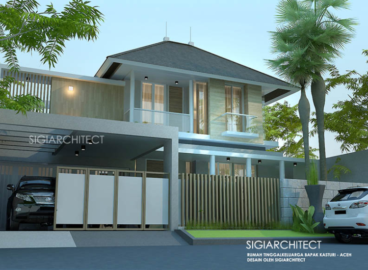 RUMAH MINIMALIS TYPE  250 M2 2 lantai, desain fasad tropis modern