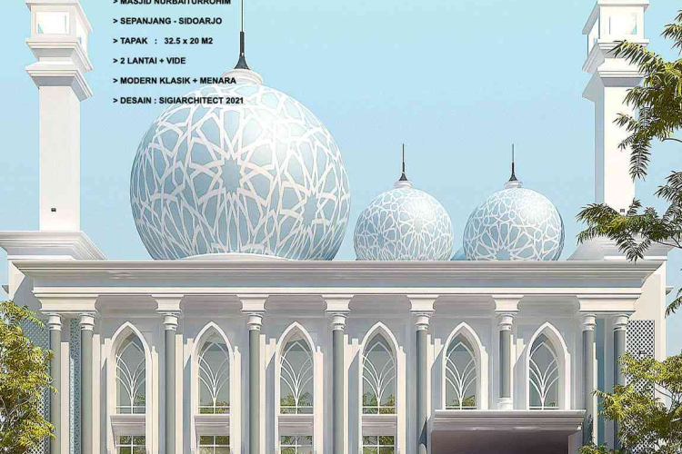 Desain Masjid 2 Lantai, Kubah & Menara, Loster Trawangan Modern Klasik