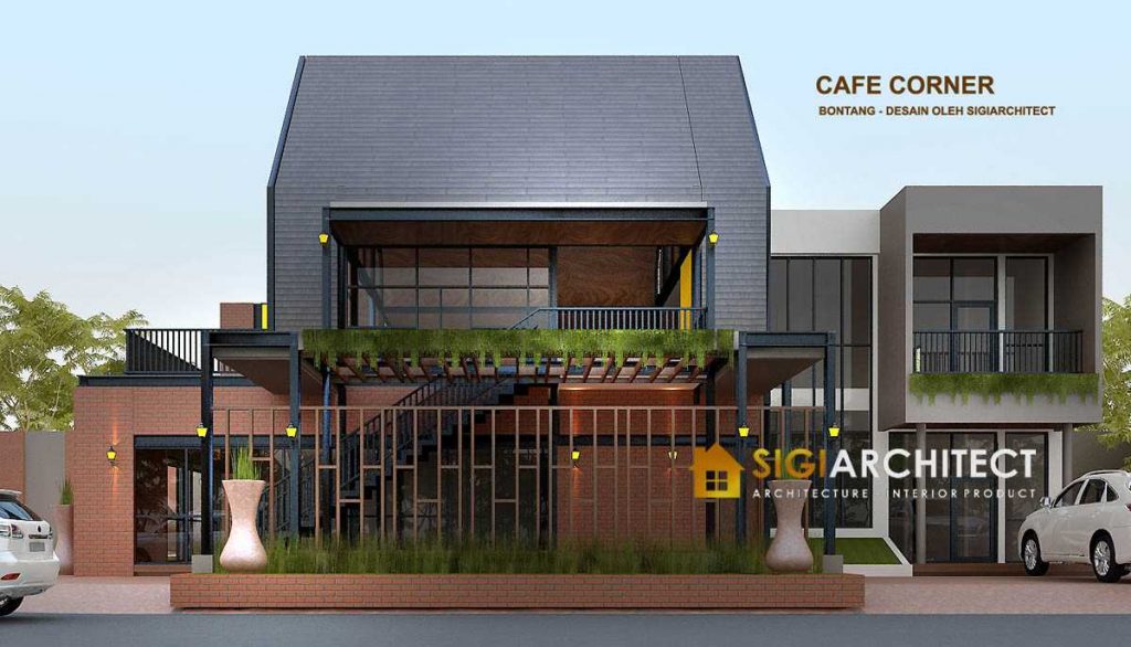 DESAIN CAFE CORNER 2 LANTAI