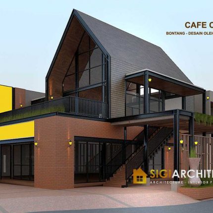 DESAIN CAFE CORNER MODERN MINIMALIS 2 LANTAI STRUKTUR BAJA WF