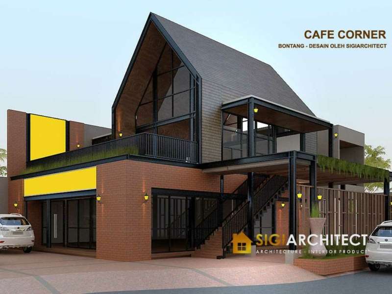 DESAIN CAFE CORNER MODERN MINIMALIS 2 LANTAI STRUKTUR BAJA WF
