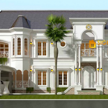 Desain Rumah Klasik Modern 2 Lantai + Kolam Renang Mewah