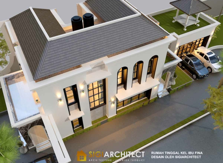 Desain rumah mediteran klasik 2 Lantai LB 250-300 M2 garasi belakang