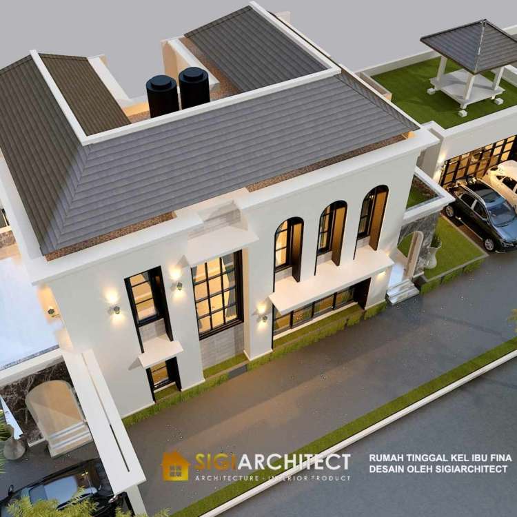 Desain rumah mediteran klasik 2 Lantai LB 250-300 M2 garasi belakang