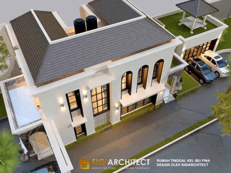 Desain rumah mediteran klasik 2 Lantai LB 250-300 M2 garasi belakang