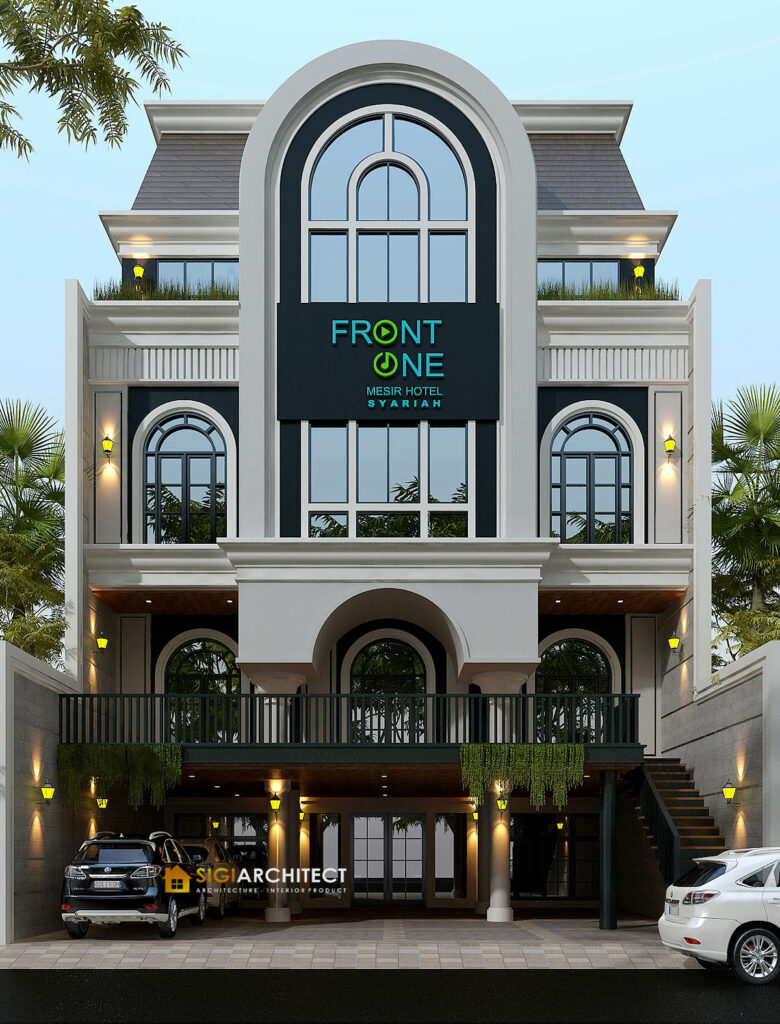 desain hotel 4 lantai lebar 13M mediteran