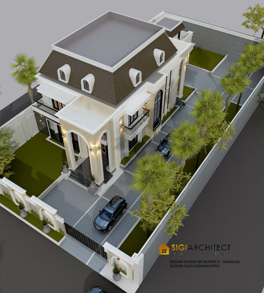 desain rumah klasik minimalis hook roof garden 2 lantai