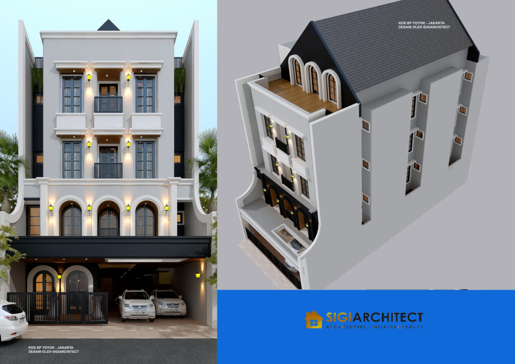 Tampilan Fasad Desain Kos 4 Lantai Lahan 10 x 24 Meter