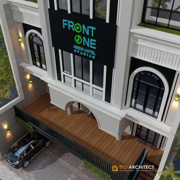 desain cafe hotel 4 lantai mediteran fasad